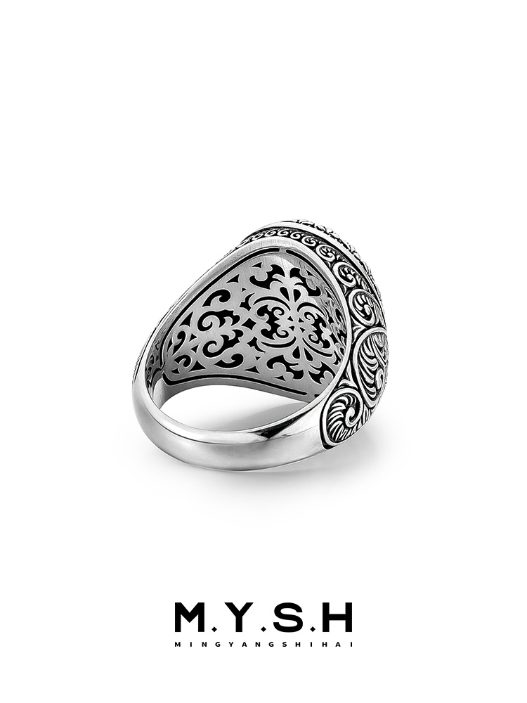 S925 Silver Natural Black Agate Statement Ring