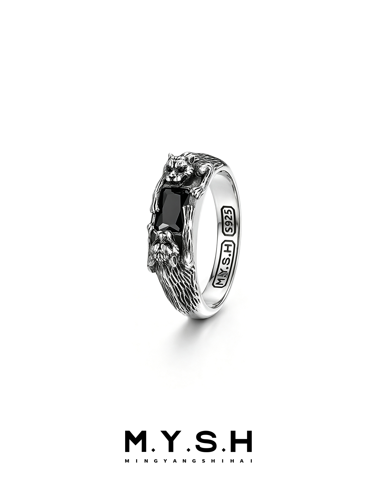 S925 Silver Dual Leopard Black Stone Ring for Men