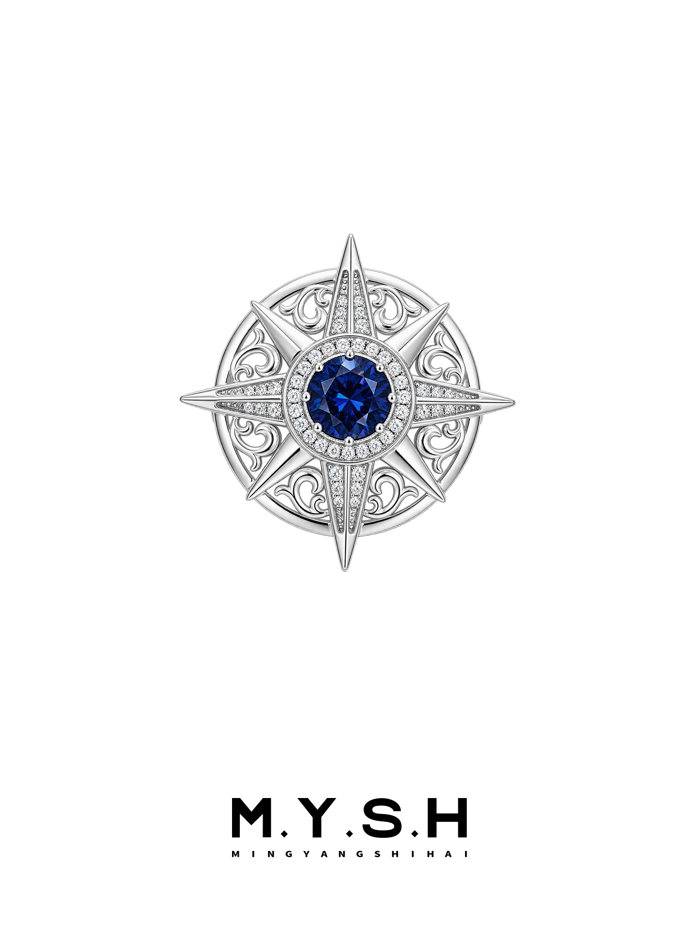 S925 Silver Lab-Grown Sapphire Eight-Point Star Brooch