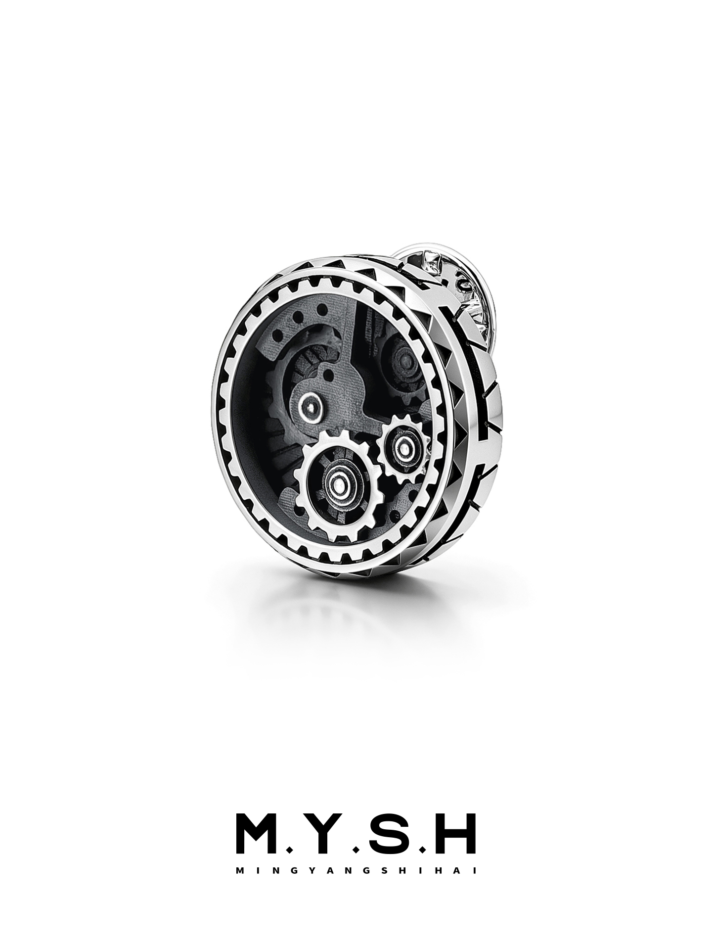 S925 Silver Gear Movement Brooch for Men