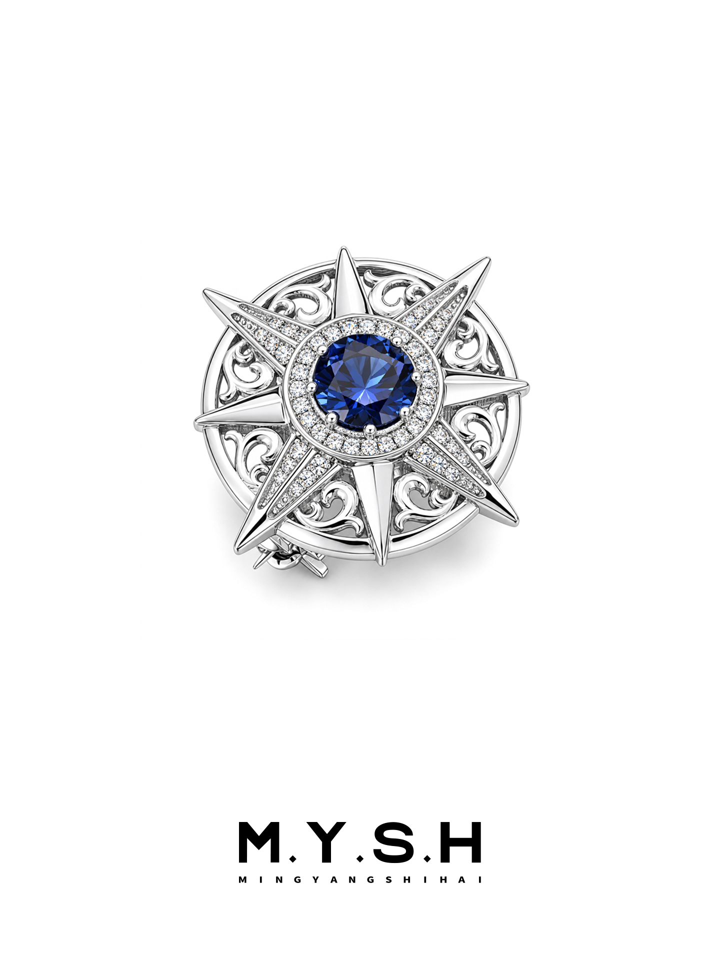 S925 Silver Lab-Grown Sapphire Eight-Point Star Brooch