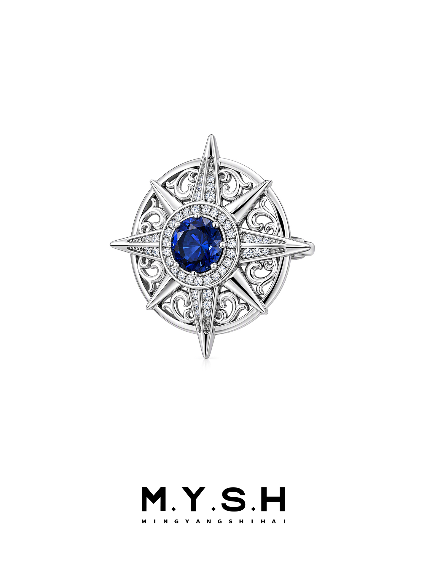 S925 Silver Lab-Grown Sapphire Eight-Point Star Brooch