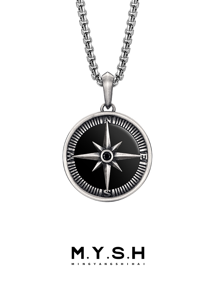 S925 Silver Black Onyx Compass Pendant Necklace