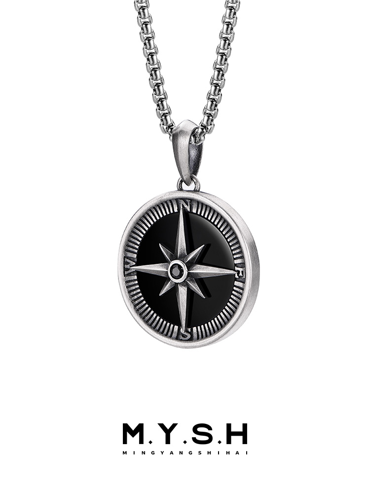 S925 Silver Black Onyx Compass Pendant Necklace