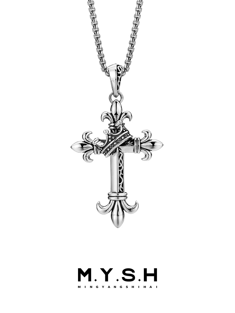 S925 Silver Fleur-de-Lis Crown Cross Pendant Necklace
