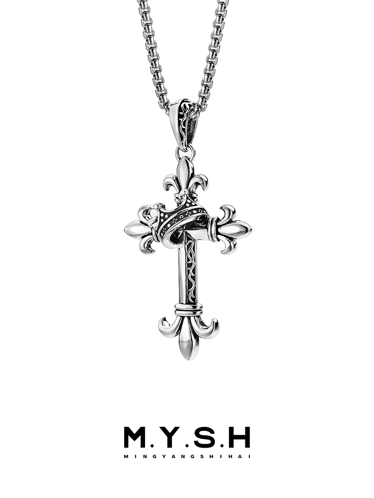 S925 Silver Fleur-de-Lis Crown Cross Pendant Necklace