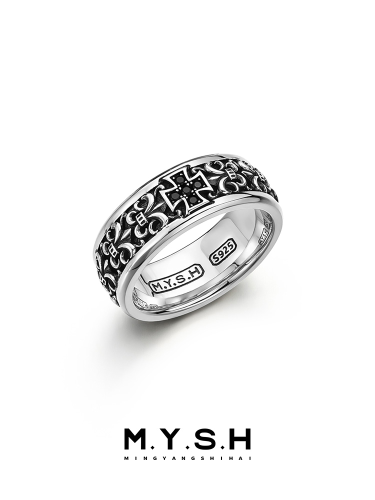 S925 Silver Cross Pattern Wide Ring