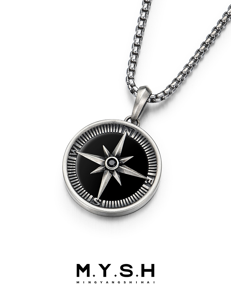 S925 Silver Black Onyx Compass Pendant Necklace