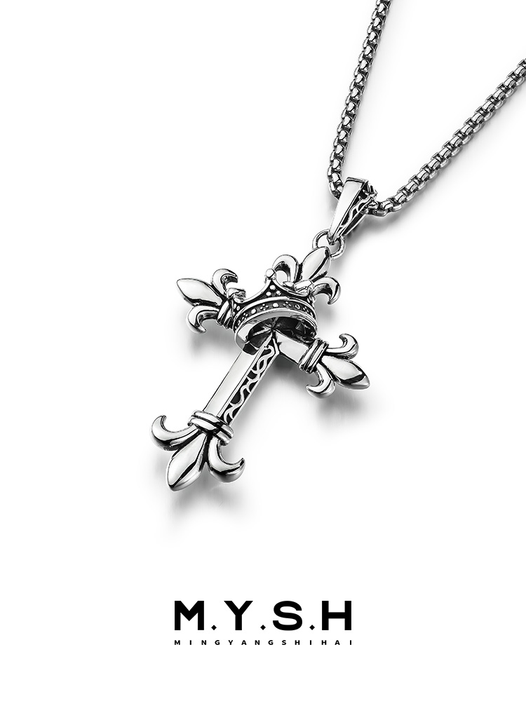 S925 Silver Fleur-de-Lis Crown Cross Pendant Necklace