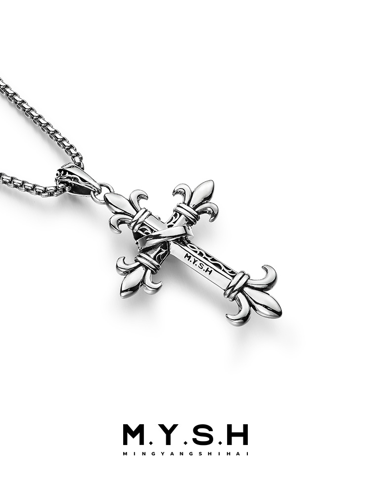 S925 Silver Fleur-de-Lis Crown Cross Pendant Necklace