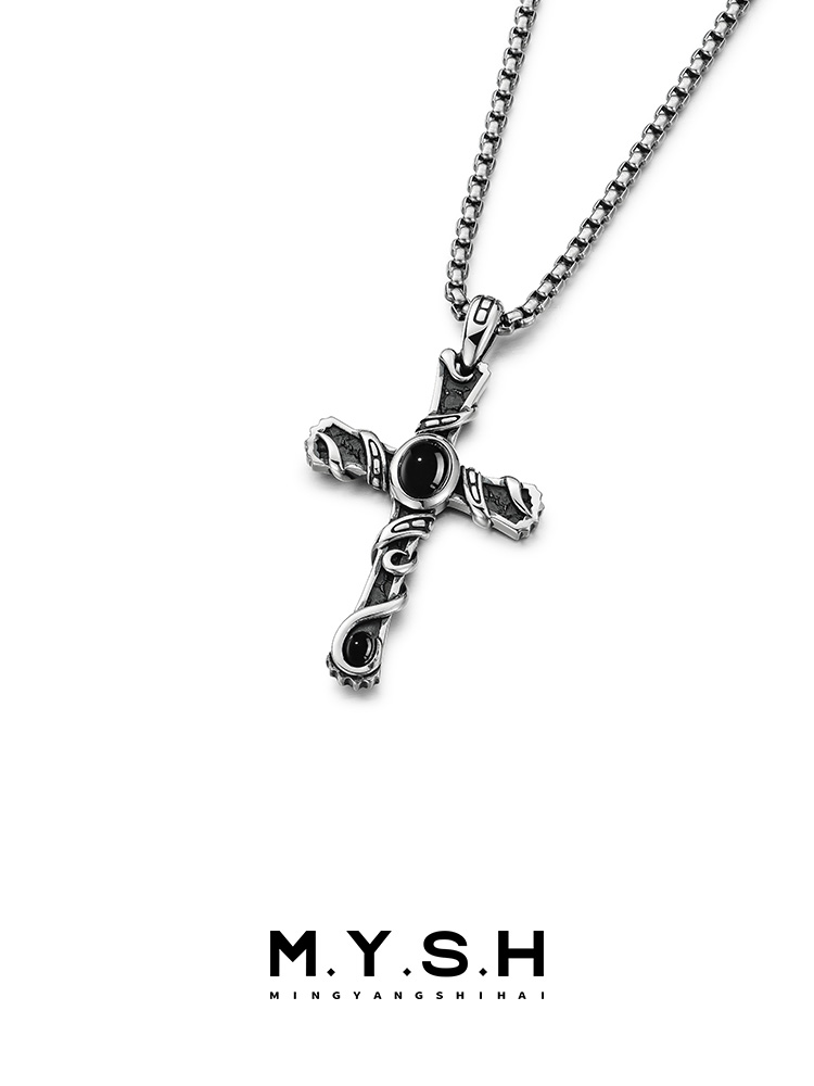 S925 Silver Black Onyx Wrapped Cross Pendant Necklace