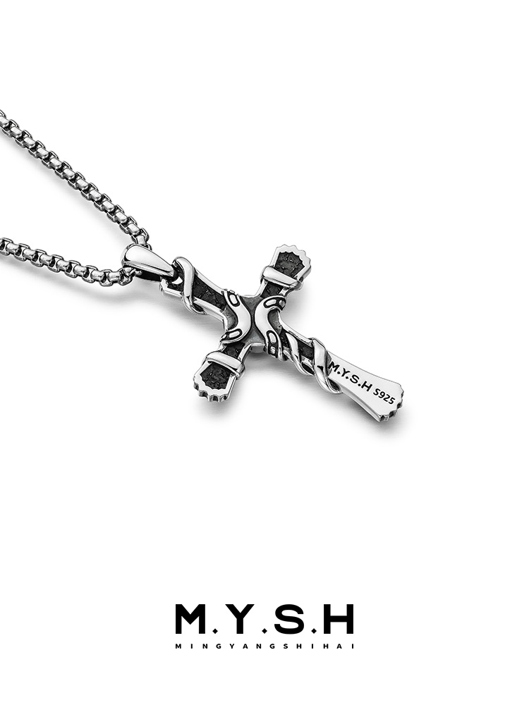 S925 Silver Black Onyx Wrapped Cross Pendant Necklace