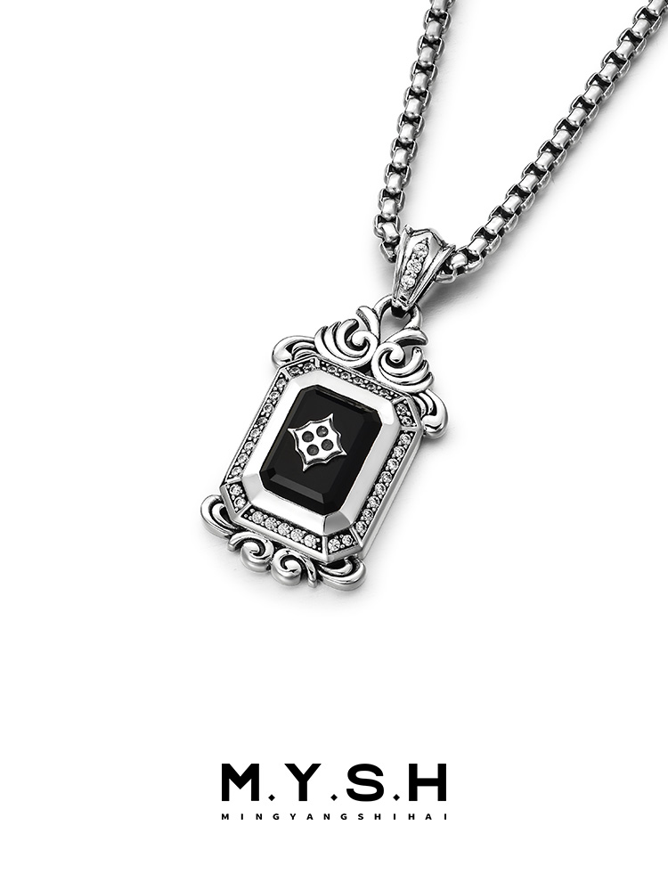 S925 Silver Black Onyx Rectangle Diamond-Accented Pendant Necklace
