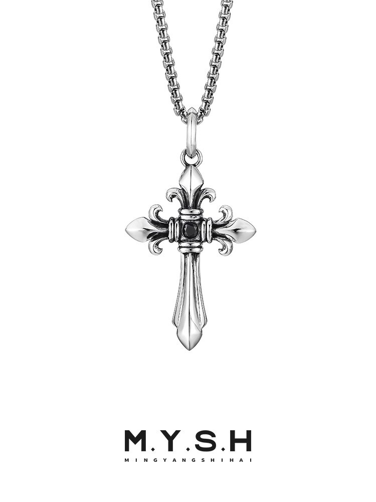 S925 Silver Fleur-de-Lis Cross Pendant Necklace