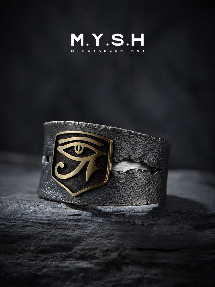 S925 Silver Adjustable Eye of Horus Wide Cuff Ring