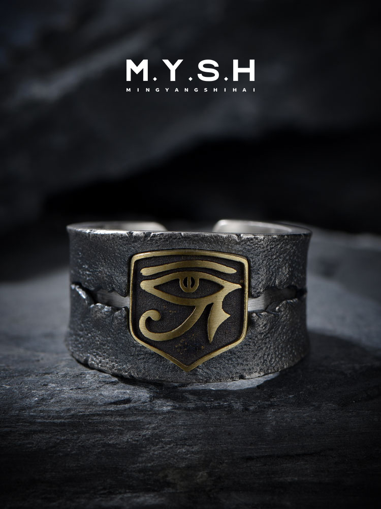 S925 Silver Adjustable Eye of Horus Wide Cuff Ring