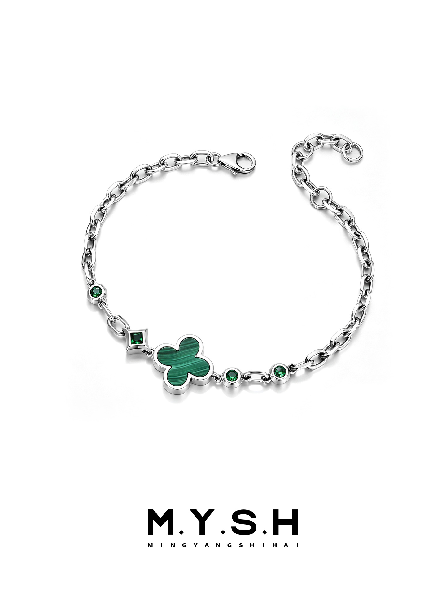 S925 Silver Black Agate Four-Leaf Clover Bracelet for Men