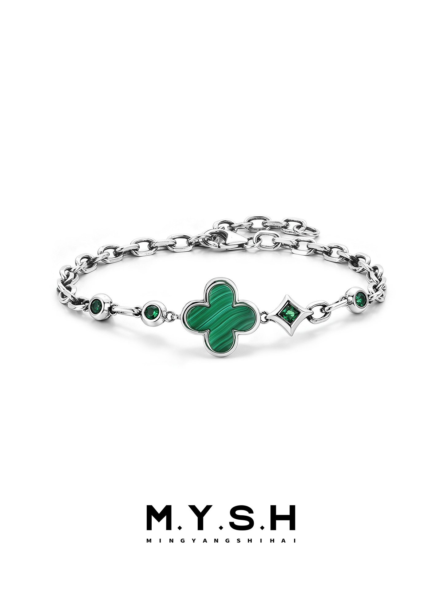 S925 Silver Black Agate Four-Leaf Clover Bracelet for Men