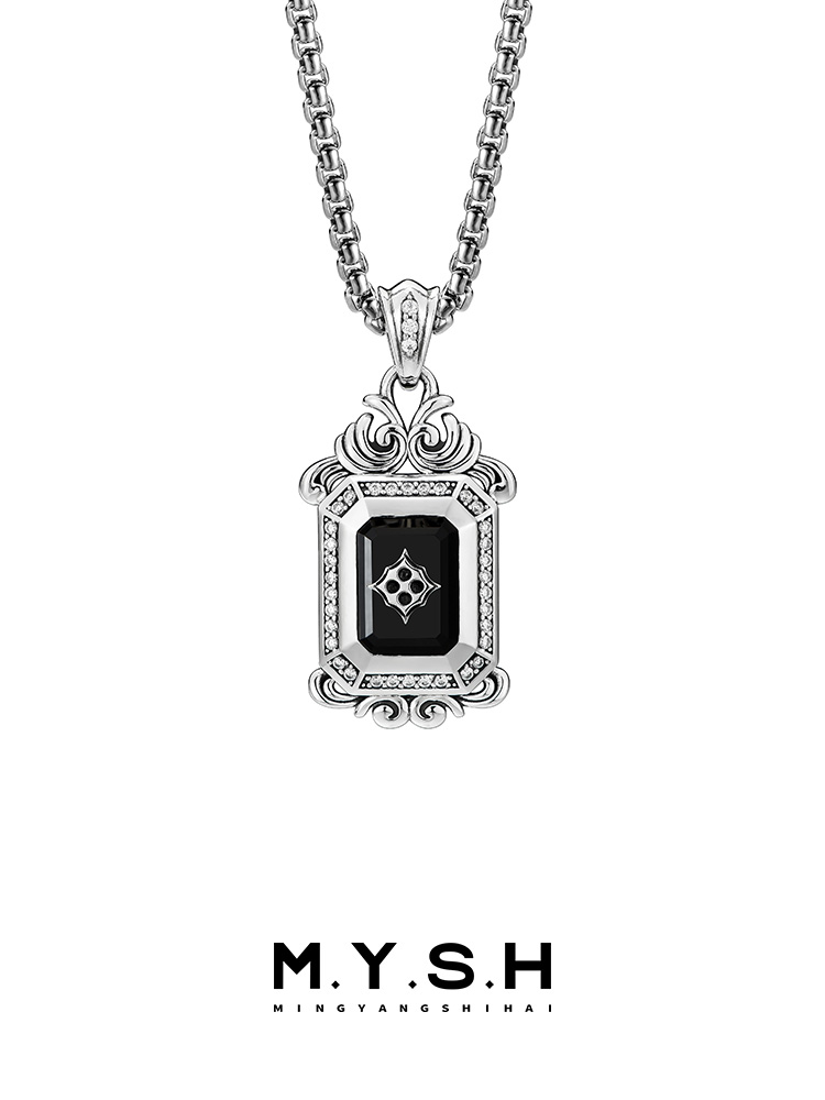 S925 Silver Black Onyx Rectangle Diamond-Accented Pendant Necklace