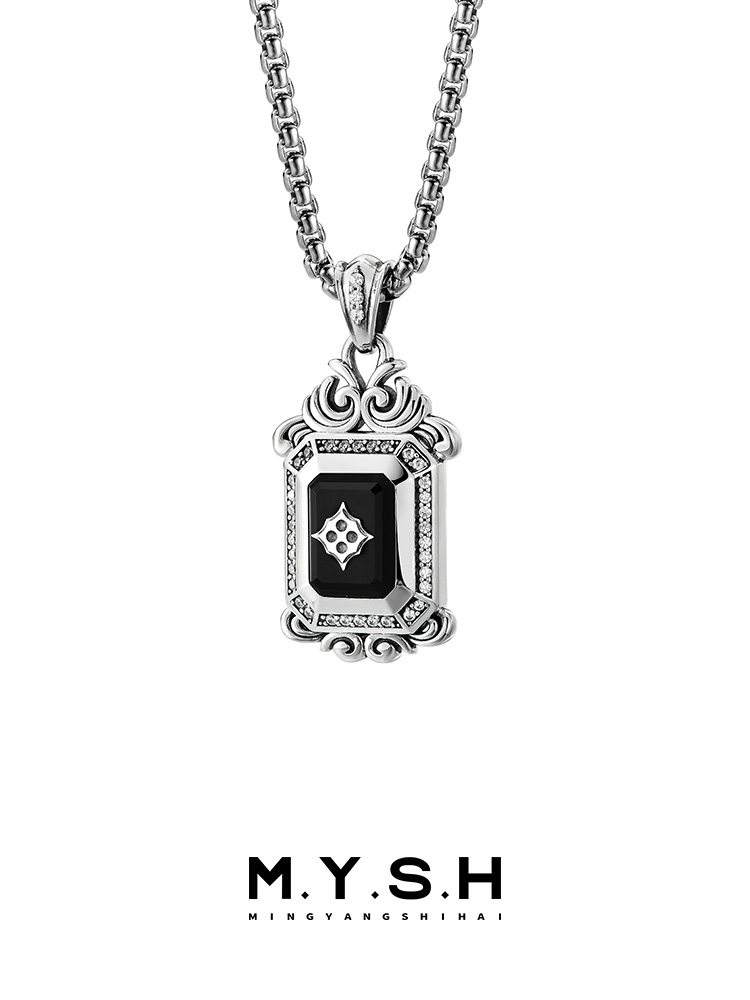 S925 Silver Black Onyx Rectangle Diamond-Accented Pendant Necklace