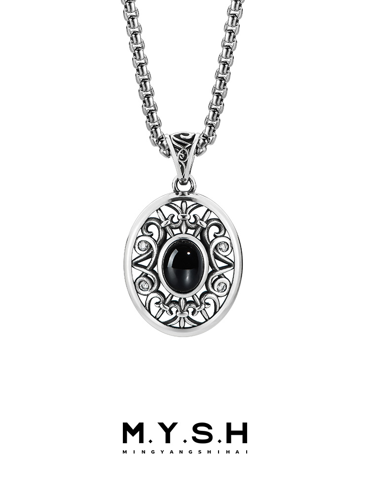 S925 Silver Black Onyx Mirror of the Night Pendant Necklace