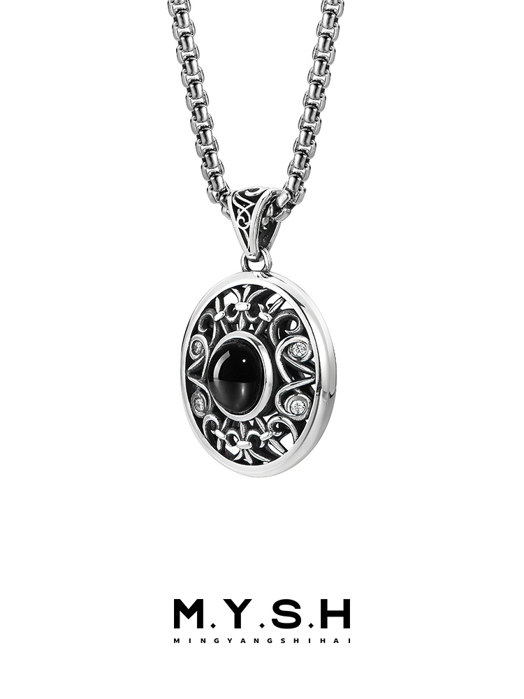 S925 Silver Black Onyx Mirror of the Night Pendant Necklace