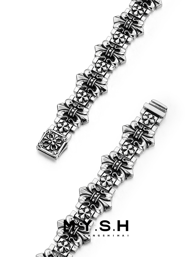 S925 Silver Fleur-de-Lis Cross Wide Bracelet