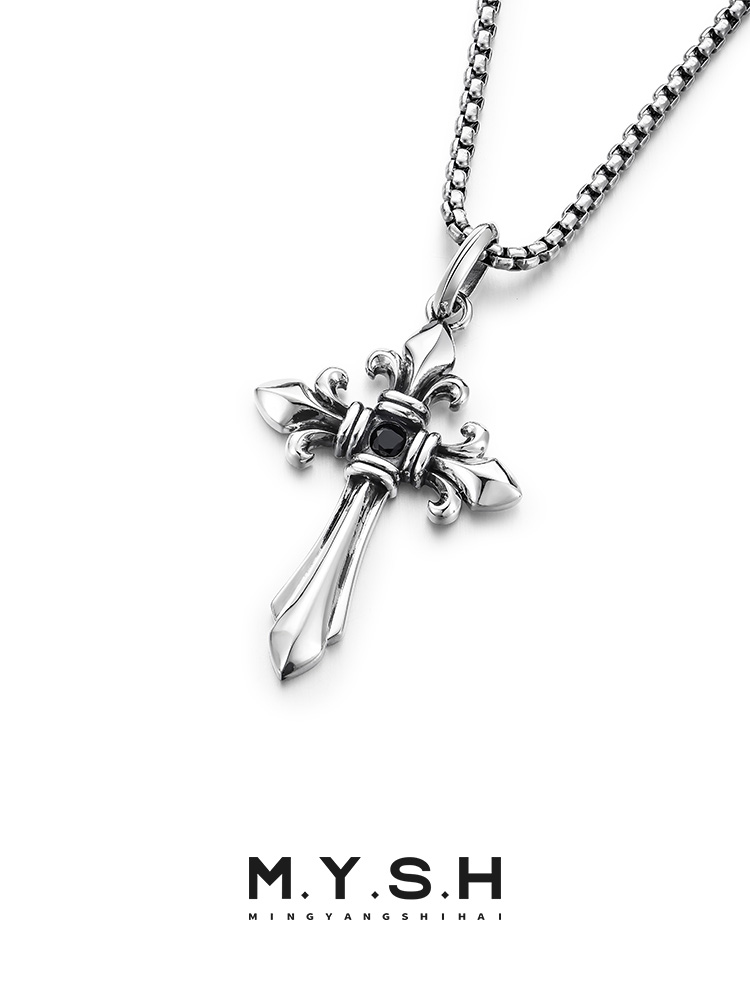 S925 Silver Fleur-de-Lis Cross Pendant Necklace