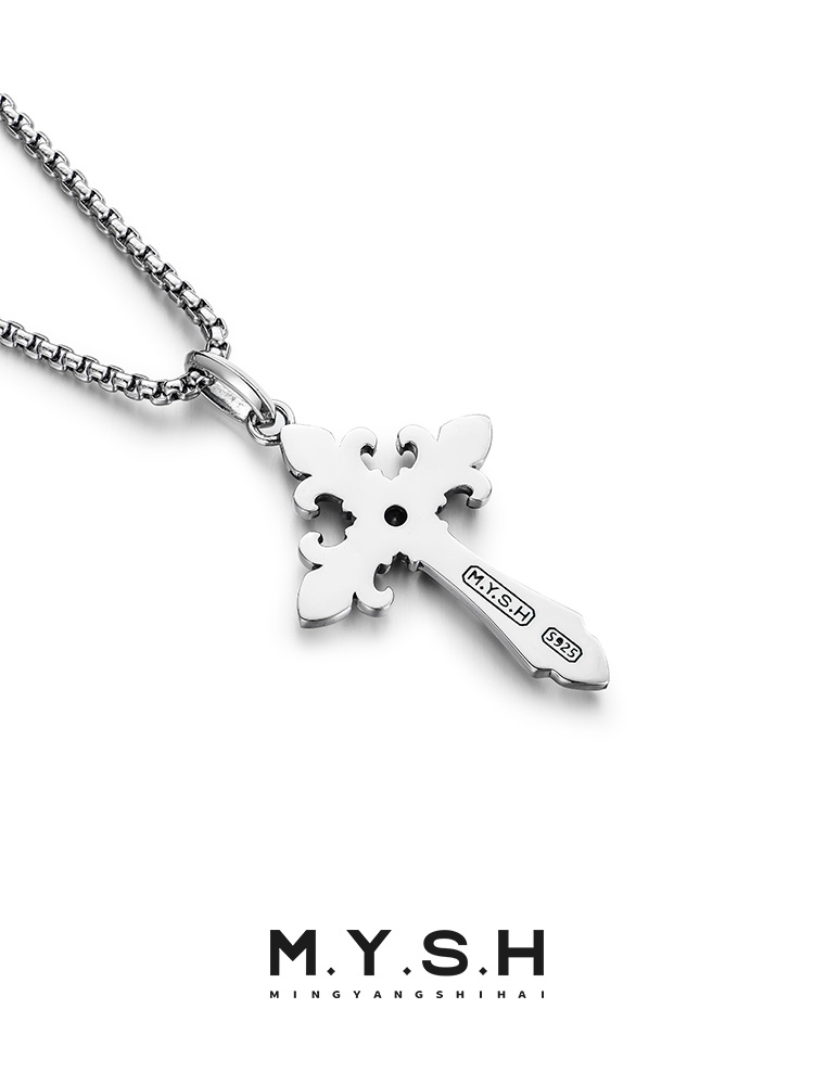 S925 Silver Fleur-de-Lis Cross Pendant Necklace