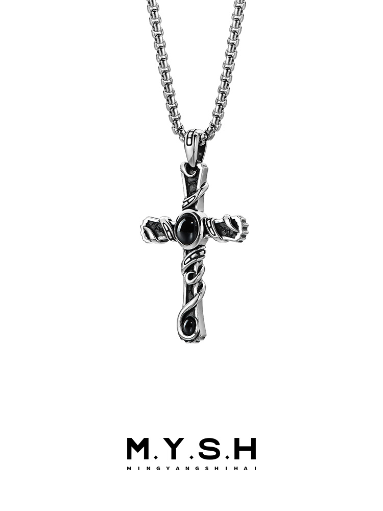 S925 Silver Black Onyx Wrapped Cross Pendant Necklace