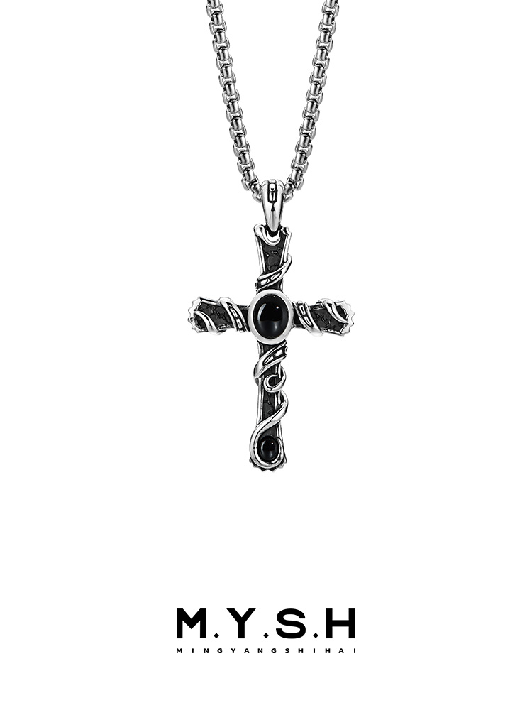 S925 Silver Black Onyx Wrapped Cross Pendant Necklace