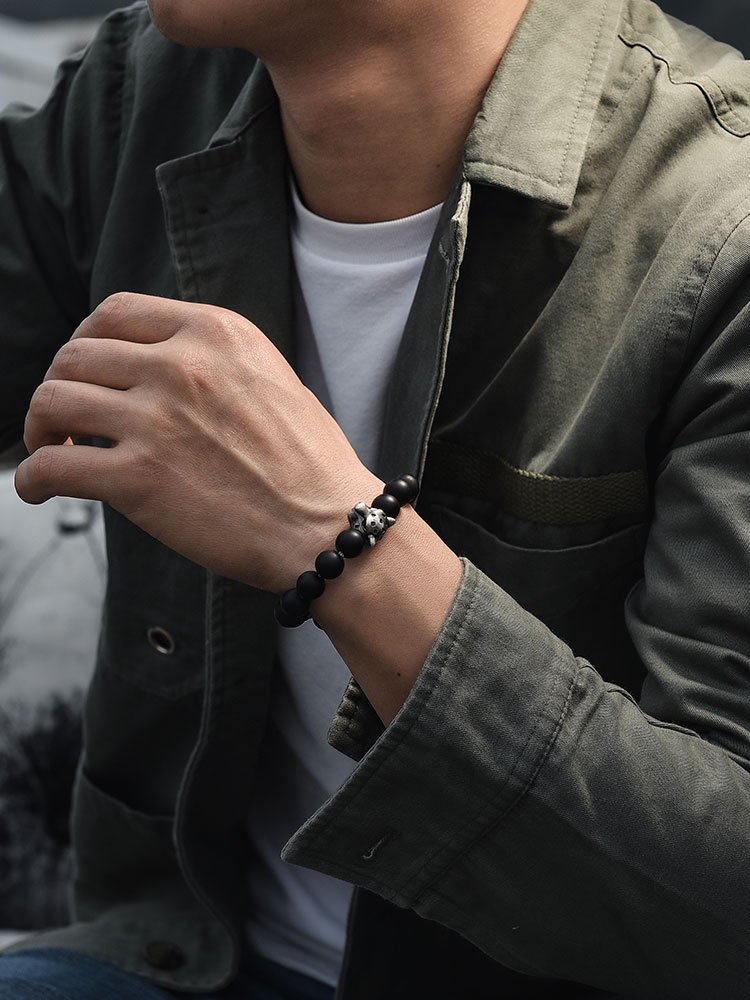 S925 Silver Panther Black Onyx Beaded Bracelet