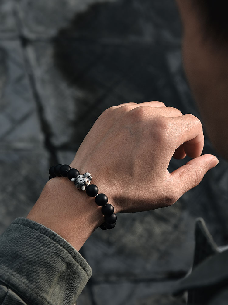 S925 Silver Panther Black Onyx Beaded Bracelet