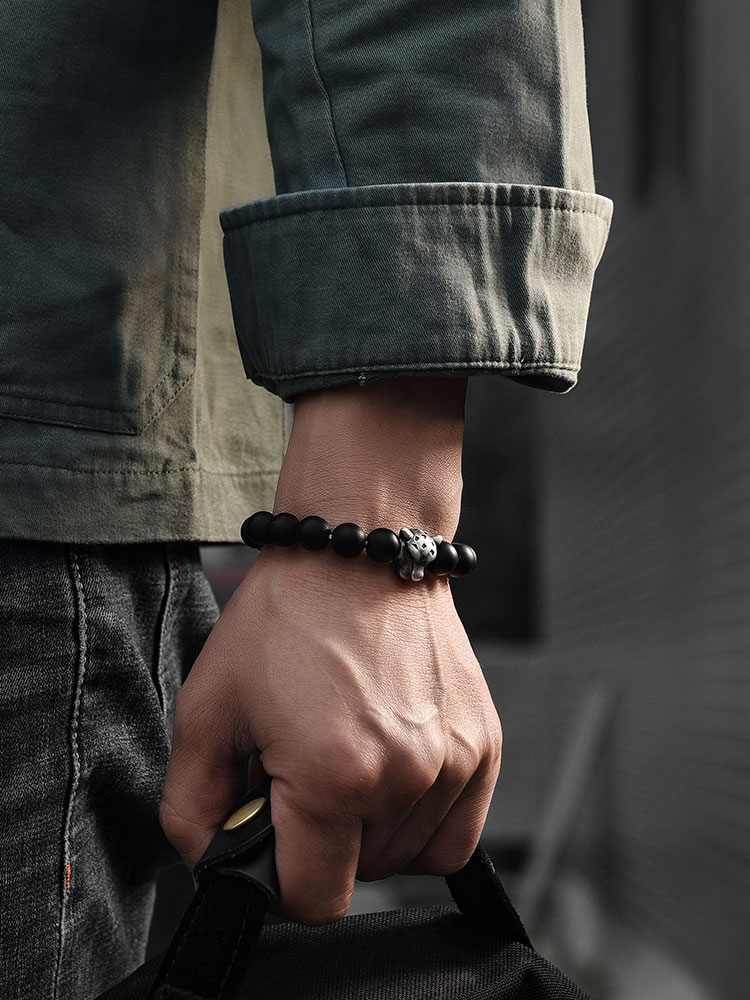 S925 Silver Panther Black Onyx Beaded Bracelet