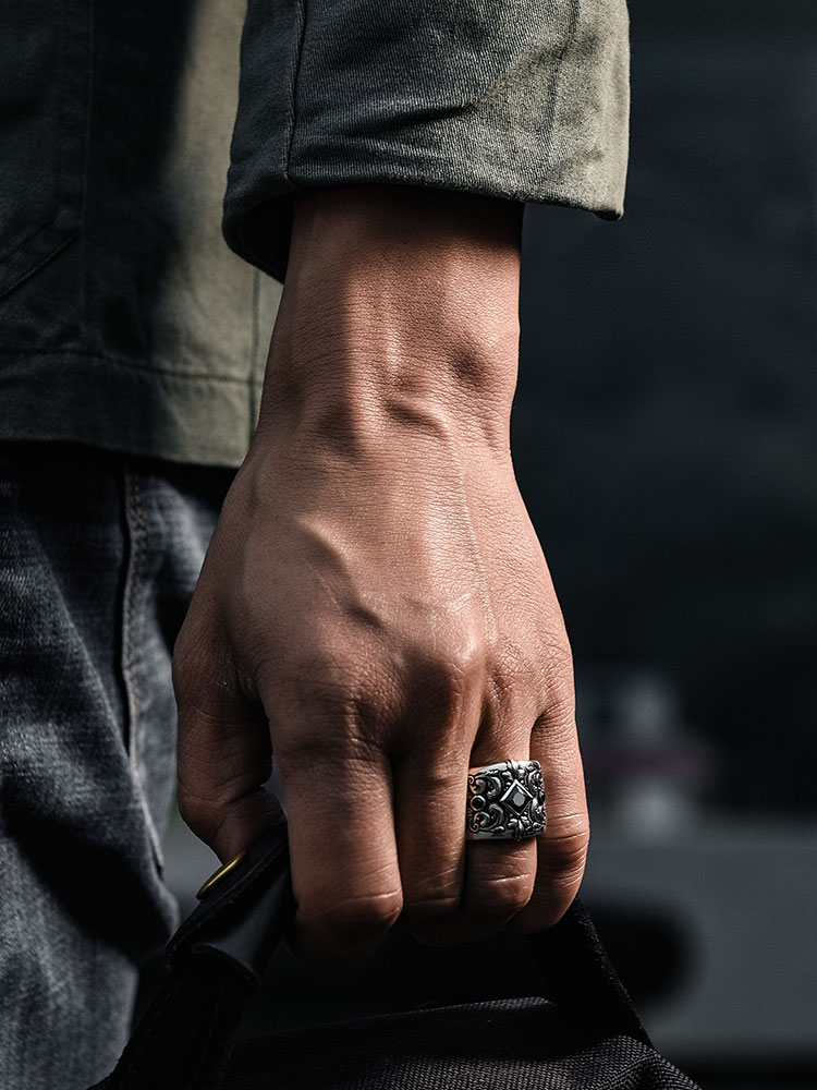 S925 Silver Black Zircon Vintage Wide Ring