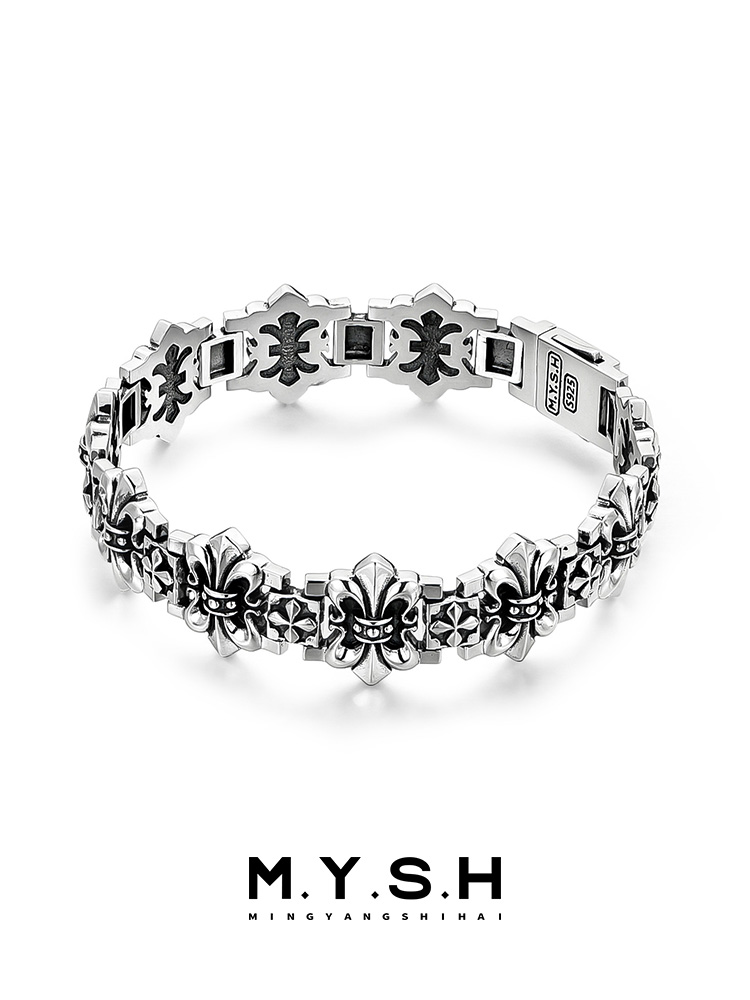 S925 Silver Fleur-de-Lis Cross Wide Bracelet