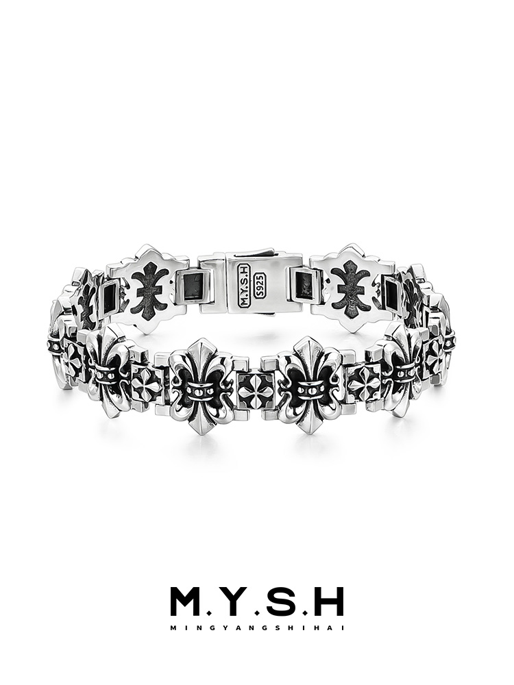 S925 Silver Fleur-de-Lis Cross Wide Bracelet