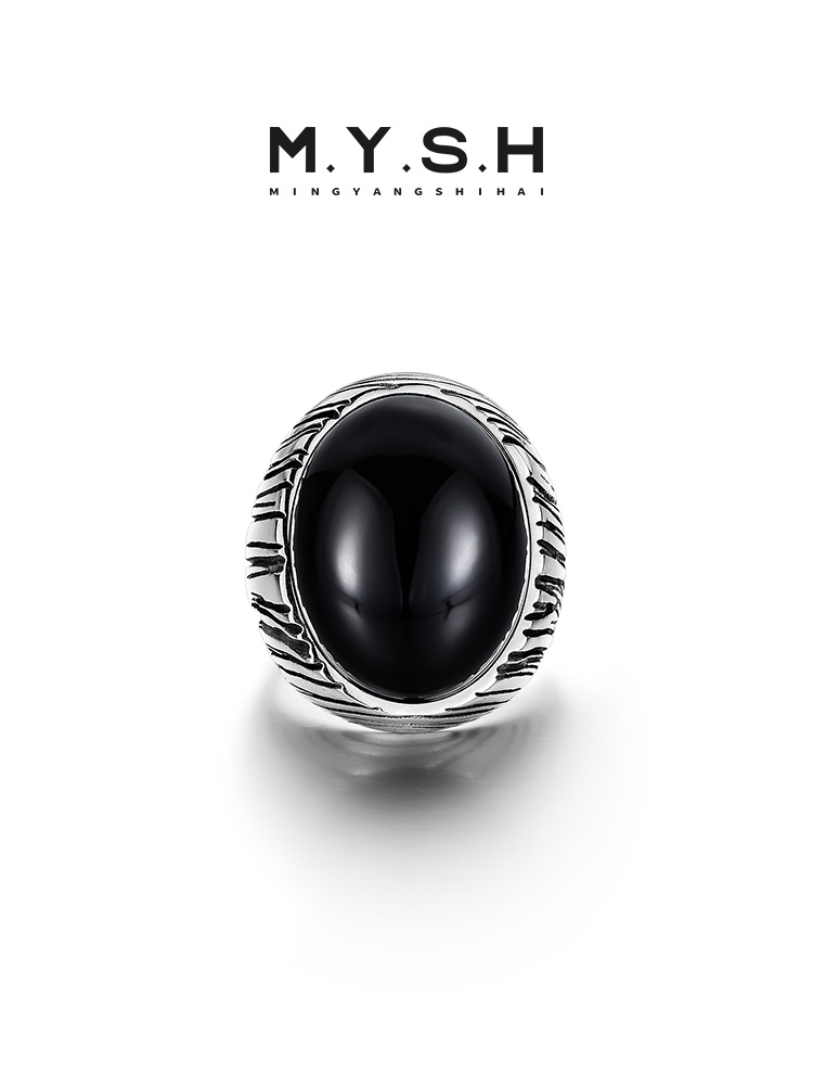 S925 Silver Black Onyx Wood Grain Statement Ring