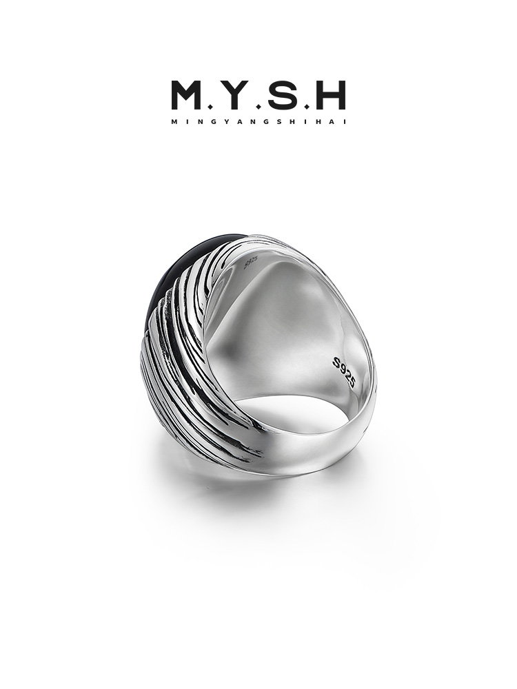 S925 Silver Black Onyx Wood Grain Statement Ring