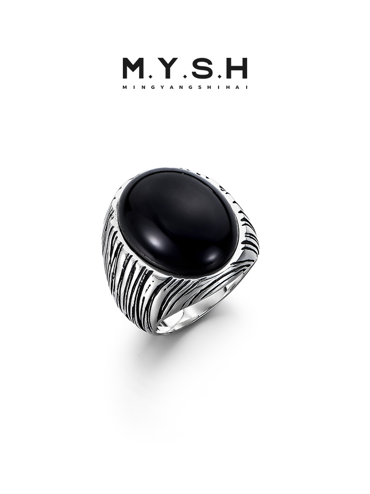 S925 Silver Black Onyx Wood Grain Statement Ring