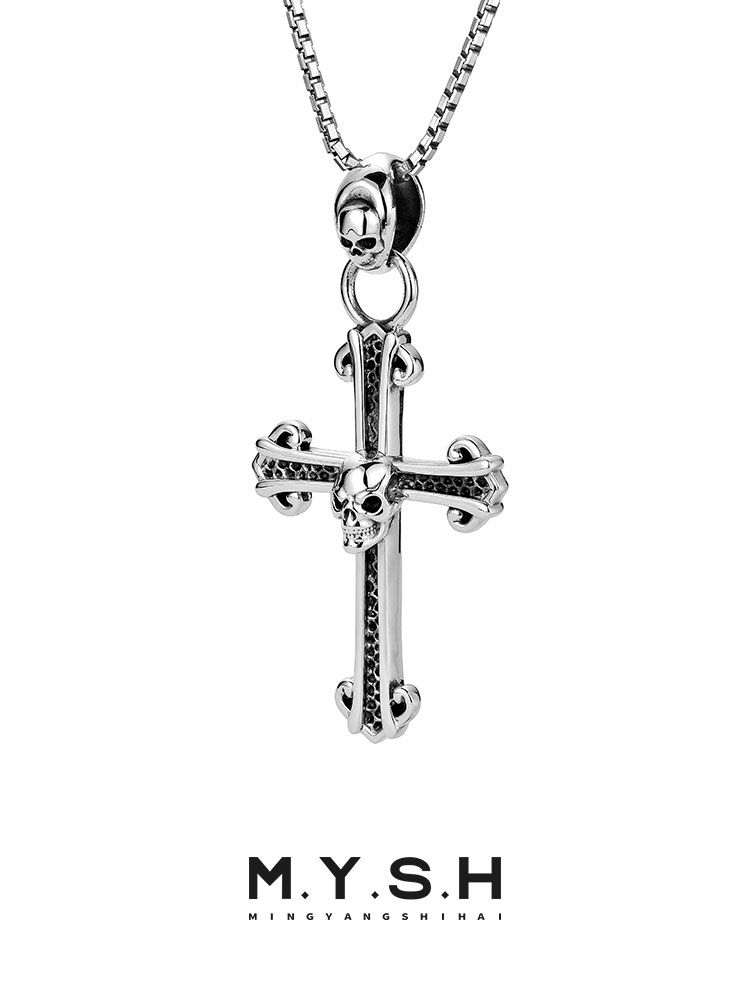 S925 Silver 3D Skull Cross Pendant Necklace