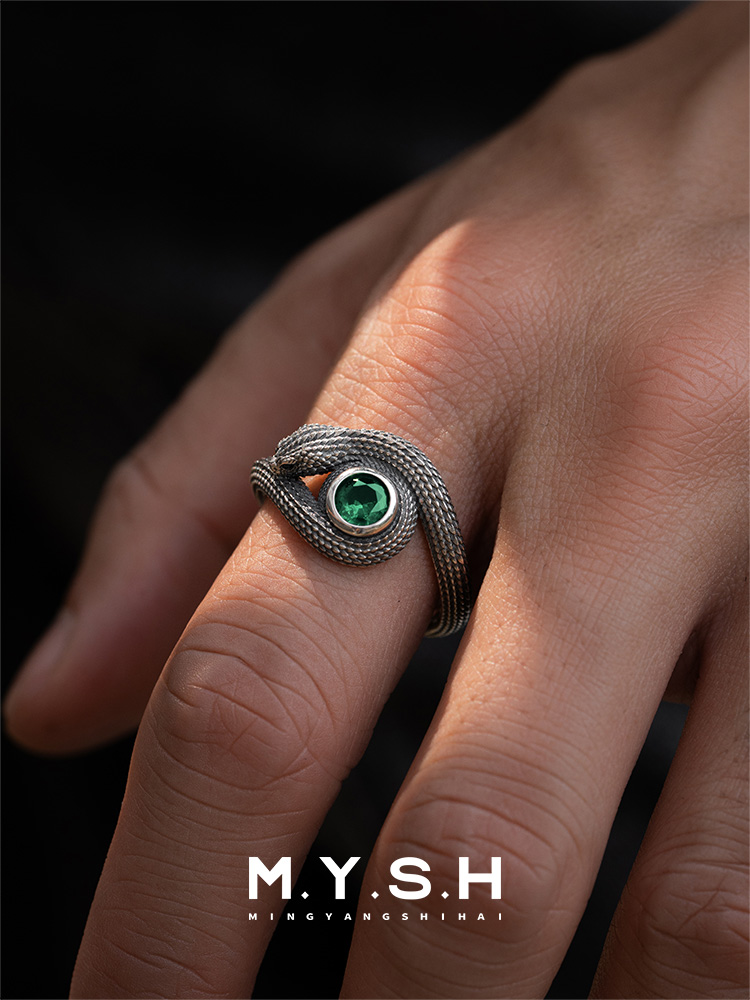 S925 Silver Green-Eyed Snake Ring-MYSH