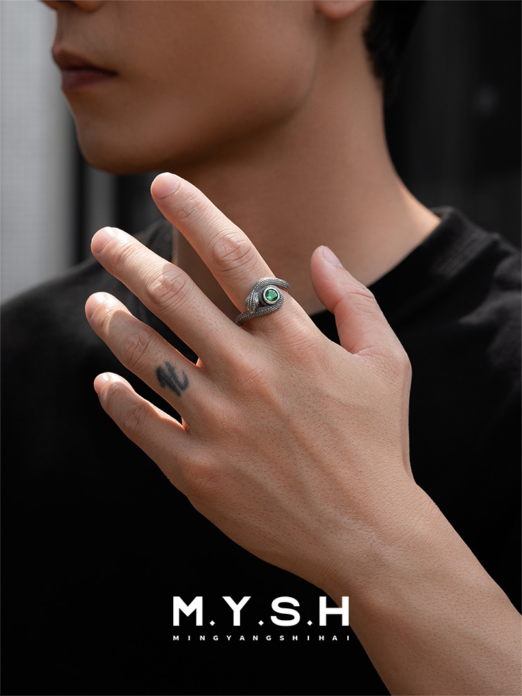 S925 Silver Green-Eyed Snake Ring-MYSH