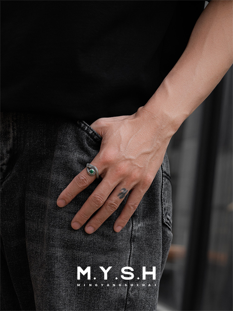S925 Silver Green-Eyed Snake Ring-MYSH
