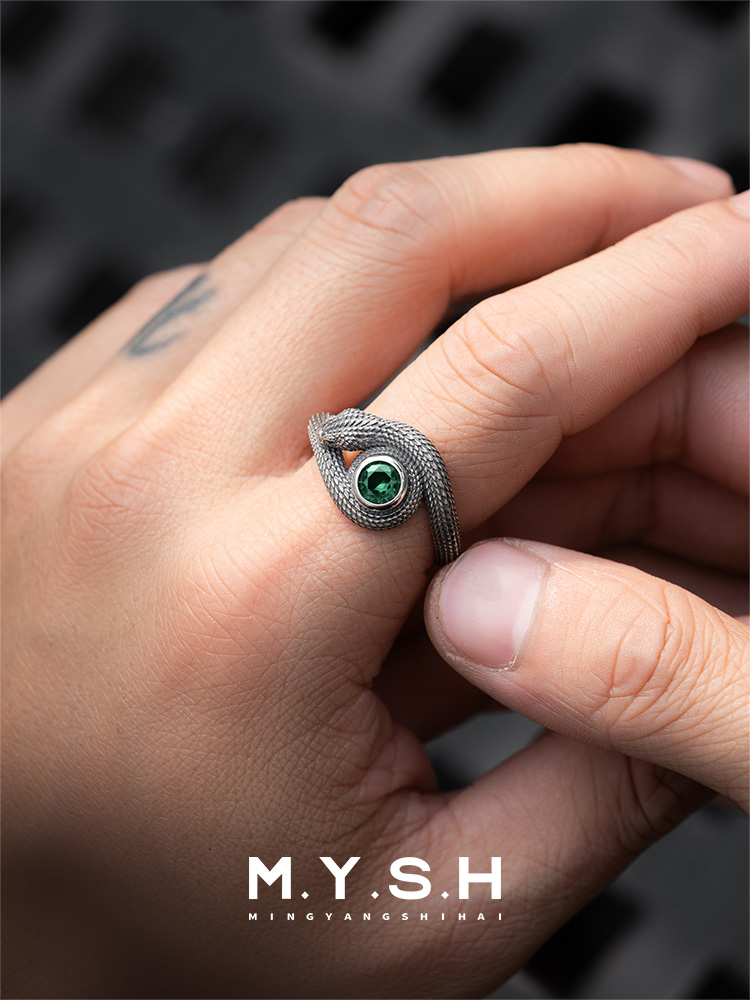 S925 Silver Green-Eyed Snake Ring-MYSH