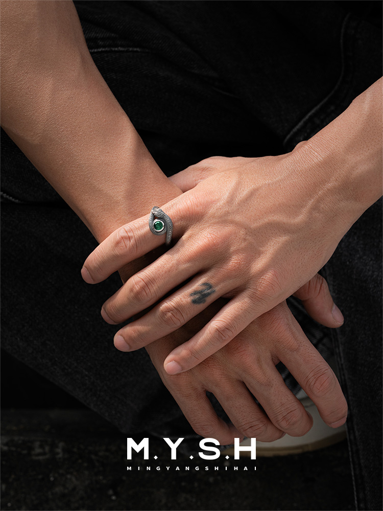 S925 Silver Green-Eyed Snake Ring-MYSH