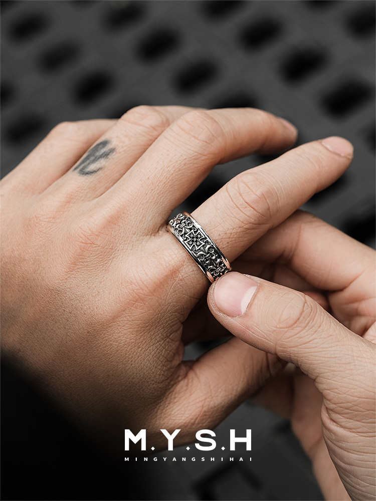 S925 Silver Cross Pattern Wide Ring