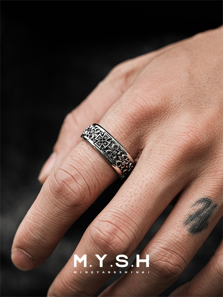 S925 Silver Cross Pattern Wide Ring