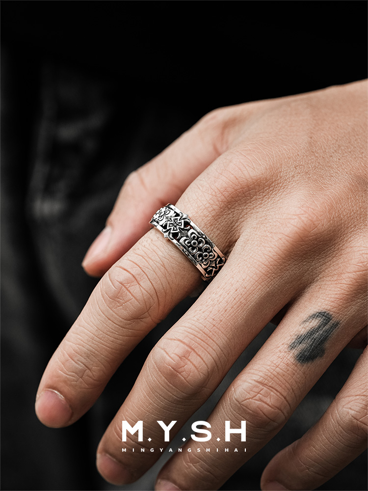 S925 Silver Fleur-de-Lis Cross Wide Ring