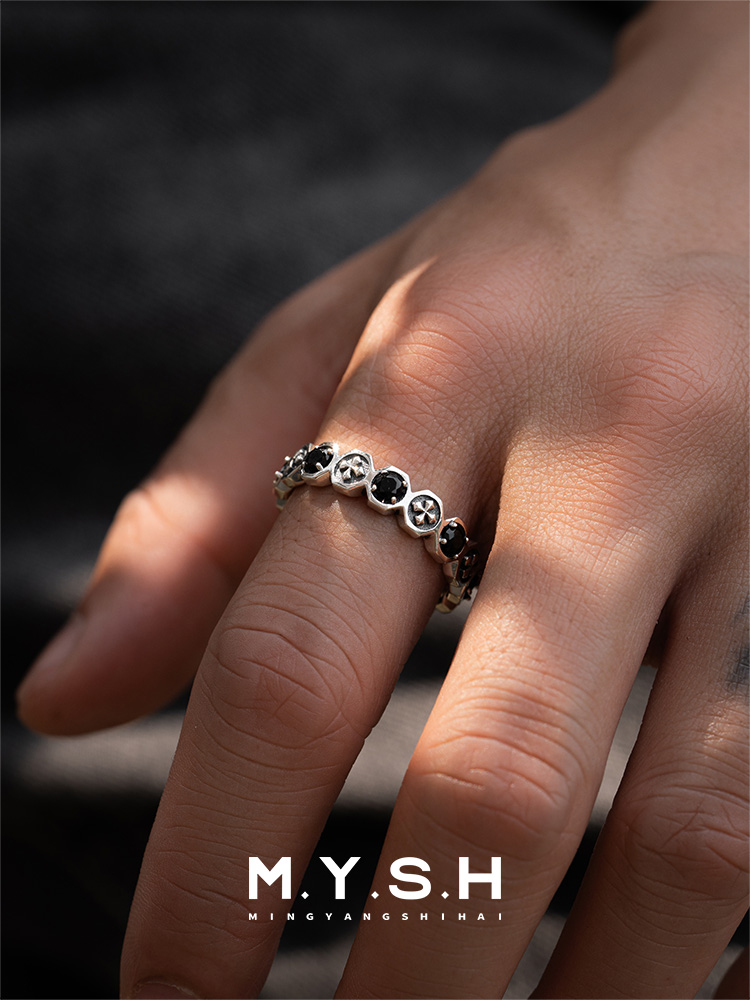 S925 Silver Black Diamond Cross Eternity Ring